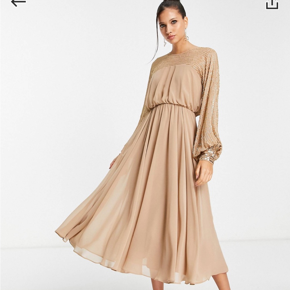 NEVER WORN ASOS design midi dress with linear yoke embellishment in stone. US 12